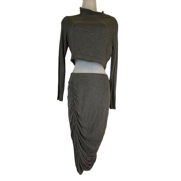 Fashion Nova Large Charcoal Gray Crop Top Ruched Bodycon Skirt Two Piece Set HOT - Picture 1 of 6
